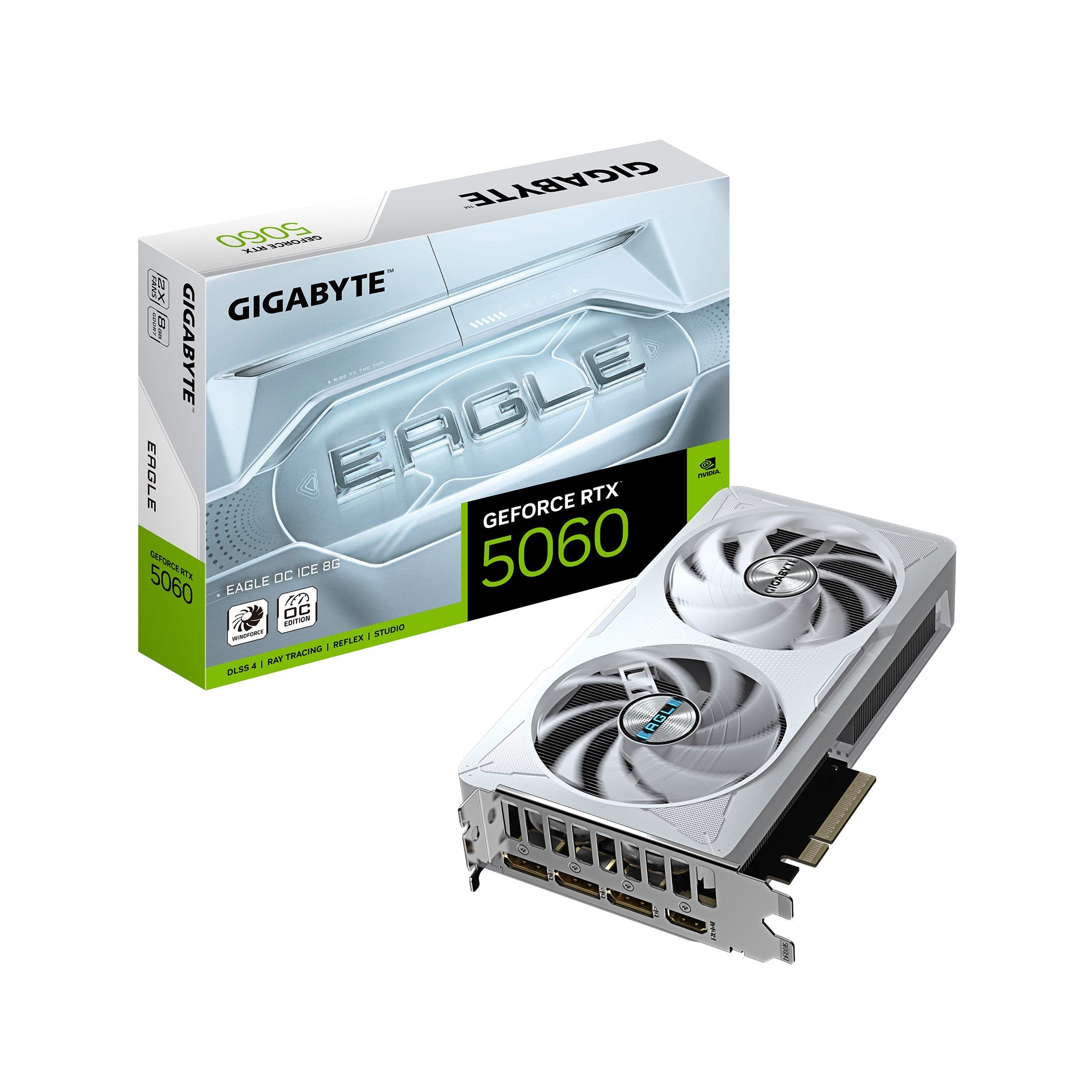 Gigabyte GeForce RTX 5060 EAGLE OC ICE 8G, 2550 MHz, CUDA 3840, 28 Gbps, GDDR7,  128 bit, PCI-E 5.0, PSU 450W, DisplayPort 2.1b *3 HDMI 2.1b x1 Gigabyte GeForce RTX 5060 EAGLE OC ICE 8G, 2550 MHz, CUDA 3840, 28 Gbps, GDDR7,  128 bit, PCI-E 5.0, PSU 450W, DisplayPort 2.1b *3 HDMI 2.1b x1